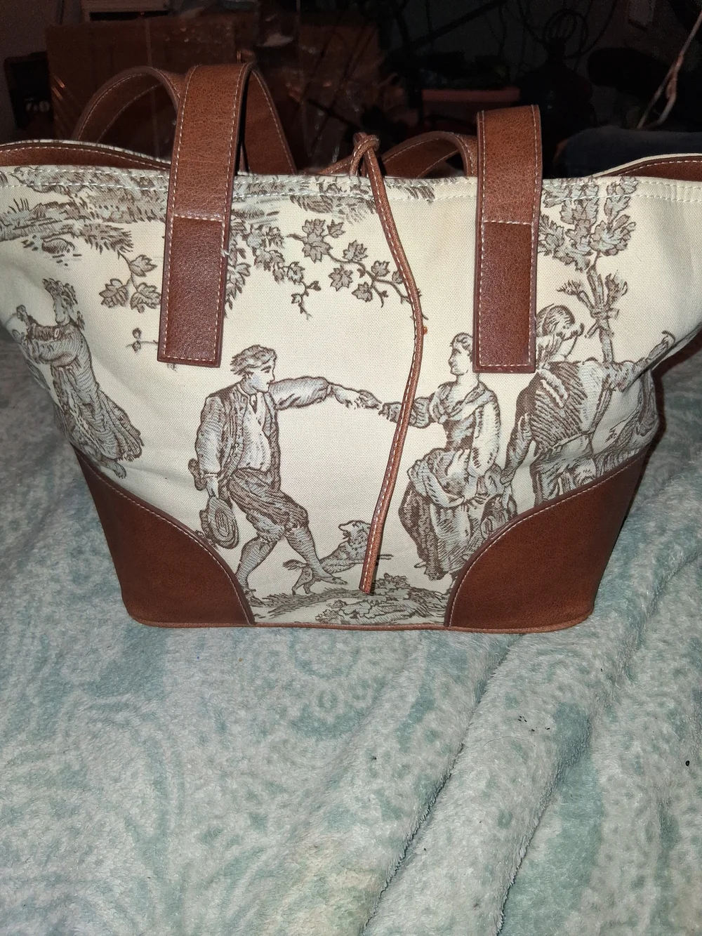 Canvas & Brown Faux Leather Tote with Vintage Toile Print